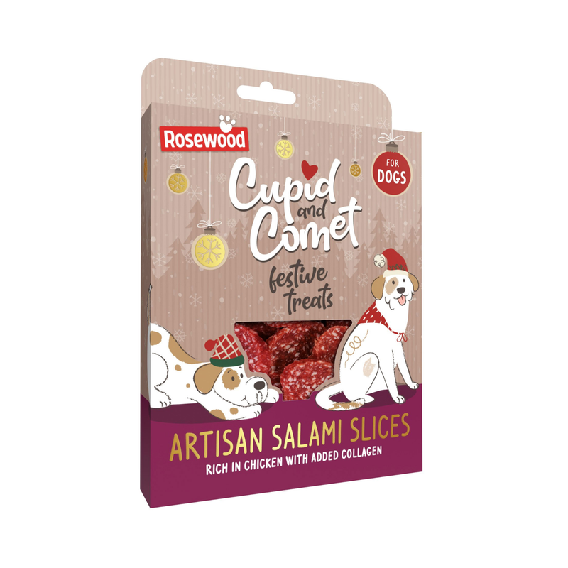 White background with a box of Rosewood Cupid and Comet festive treats Artisan Salami Slices, pictured on the packet is two illustrated dogs and text at the bottom 'Rich in Chicken with added Collagen'. 