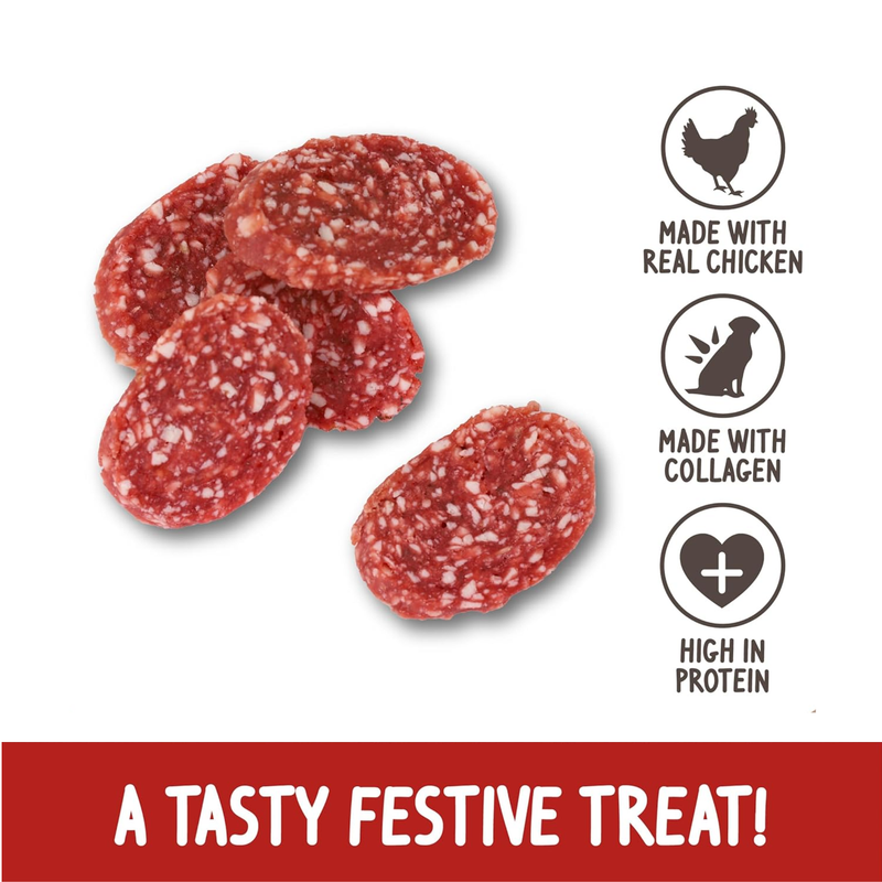 White background with five slices of salami treats shown. With text 'Made with real chicken', 'made with Collagen' and ' High in Protein'. Red banner at the bottom with white text 'A tasty festive treat!' 