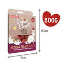 White background with a box of Rosewood Cupid and Comet festive treats Artisan Salami Slices, pictured on the packet is two illustrated dogs and text at the bottom 'Rich in Chicken with added Collagen'. With measurements to the right and underneath indicating width 14cm and height 17.6cm. A red heart above with white text says '200g'. 