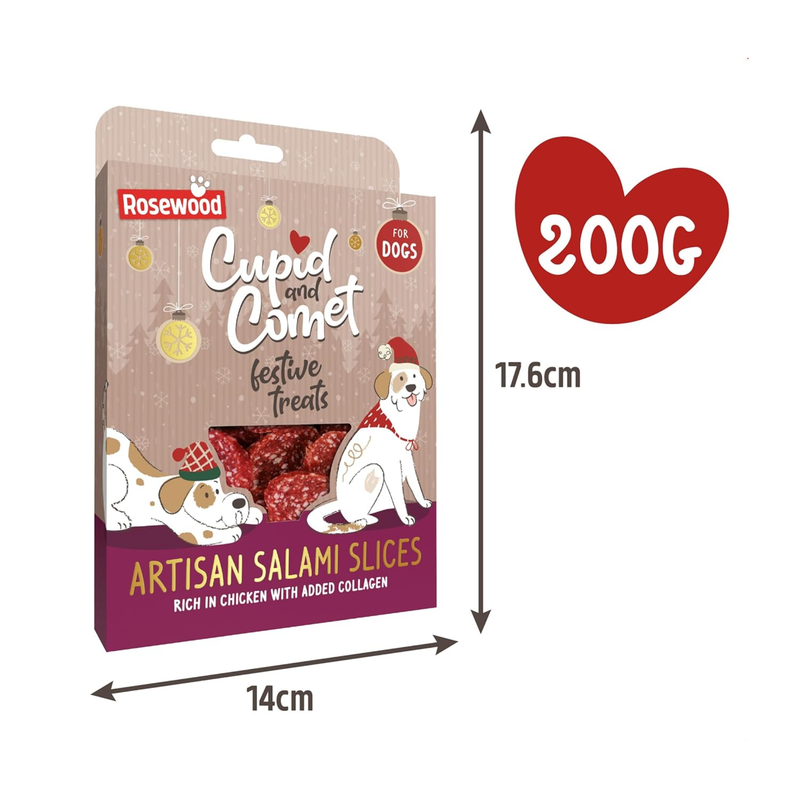 White background with a box of Rosewood Cupid and Comet festive treats Artisan Salami Slices, pictured on the packet is two illustrated dogs and text at the bottom 'Rich in Chicken with added Collagen'. With measurements to the right and underneath indicating width 14cm and height 17.6cm. A red heart above with white text says '200g'. 
