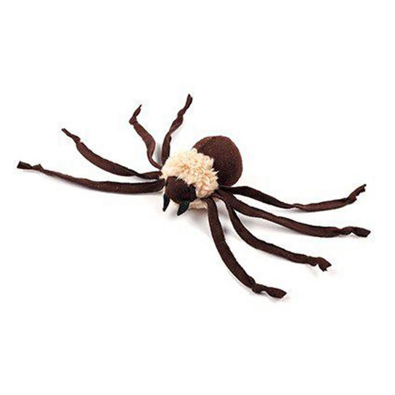 Dark brown spider toy with a white wool body with it's legs spread out on a white background. 