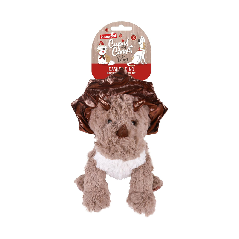 White background with a brown fluffy dinosaur dog toy with metallic fabric horns and neck frill with stitch details for eyes, attached to a cardboard tag. 