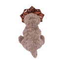 White background with a back view of a brown fluffy dinosaur dog toy with metallic fabric horns and neck frill, attached to a cardboard tag. 
