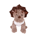 White background with a brown fluffy dinosaur dog toy with metallic fabric horns and neck frill with stitch details for eyes. 