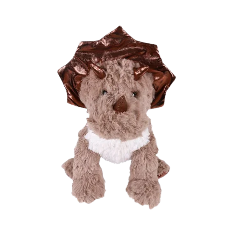 White background with a brown fluffy dinosaur dog toy with metallic fabric horns and neck frill with stitch details for eyes. 