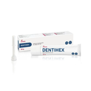White background with a tube of Dentihex Adhesive Dental paste for Cats and Dogs in front of it's box and with a applicator pictured to the side. 