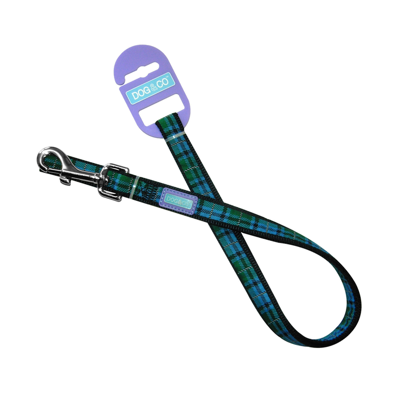 White background with a blue tartan dog lead with a metal clip with a purple tag with 'Dog & Co' on it. 
