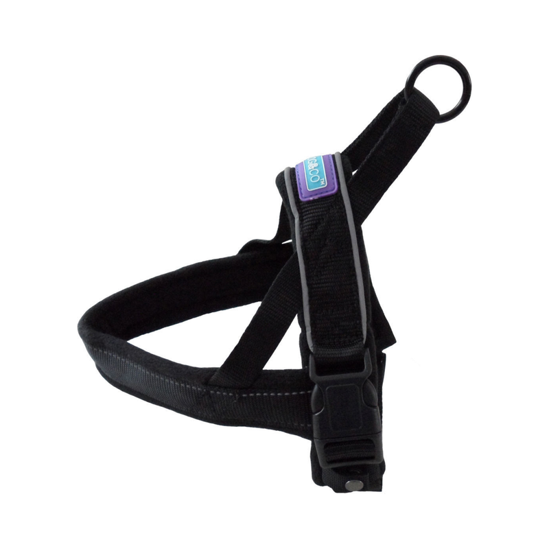 White background with a Dog and Co Padded Reflective Nylon Harness in  black with reflective edging and stitching. With a purple tab with 'Dog & Co.' written on it. 
