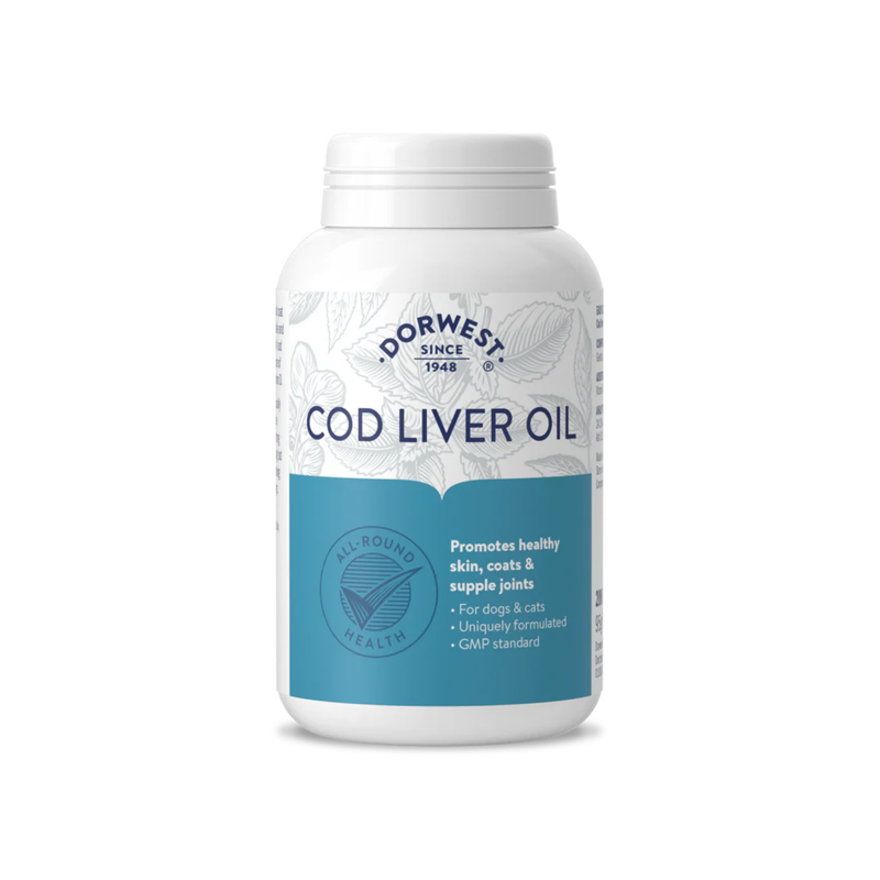White background with a white and blue tub of Dorwest Cod Liver Oil tablets. On the pack is a blue banner with white text 'Promotes healthy skin, coat & supple joints, for dogs & cats, Uniquely formulated, GMP standard'. 