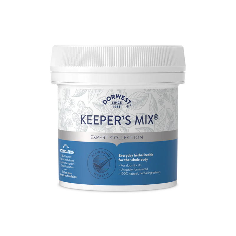 White background with a white and blue tub of Dorwest Keeper's Mix. On the pack is a blue banner with white text 'Everyday herbal health for the whole body, For dogs & cats, Uniquely formulated, 100% natural, herbal ingredients'. 