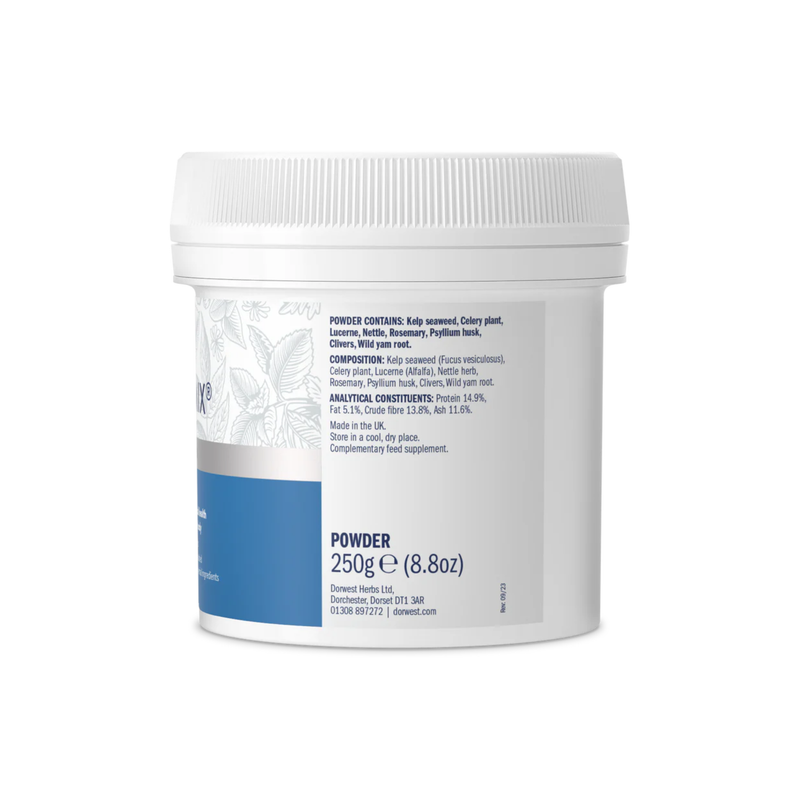White background with a back view of a white tub of Dorwest Keepers Mix. 
