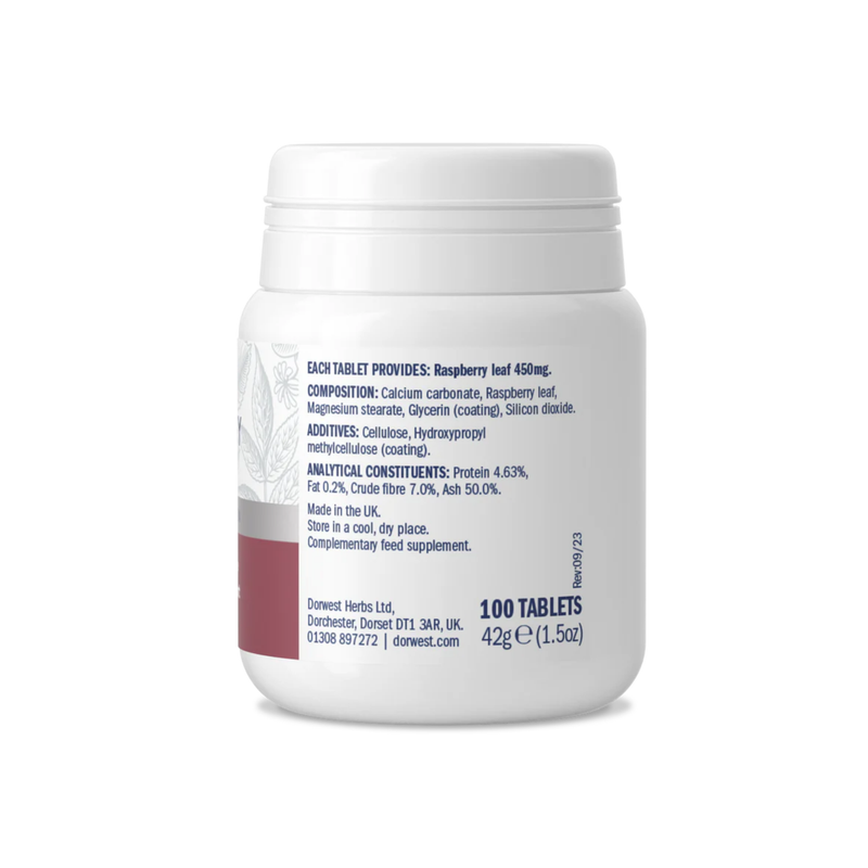 White background with a back view of a white tub of Dorwest Raspberry Leaf tablets. 