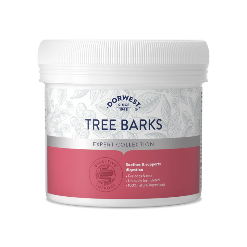 White background with a white and red tub of Dorwest Tree Barks. On the pack is a red banner with white text 'Soothes & supports digestion, for dogs & cats, Uniquely formulated, 100% natural ingredients'. 