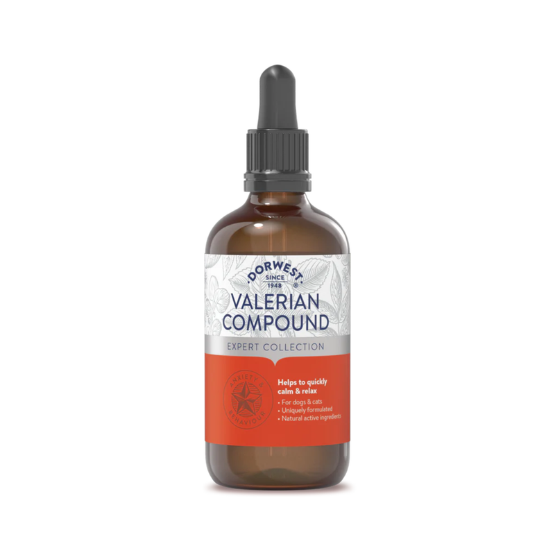White background with a bottle of Dorwest Valerian Compound, the label on the bottle is white and red. Additional text on the bottle states 'Helps to quickly calm & relax for dogs & cats' 