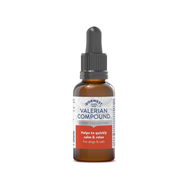 White background with a bottle of Dorwest Valerian Compound, the label on the bottle is white and red. Additional text on the bottle states 'Helps to quickly calm & relax for dogs & cats' 
