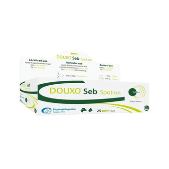 A box of DOUXO Seb Spot-on treatment, featuring a white and green color scheme with product details and usage instructions printed on the packaging.