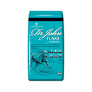 White background with an blue bag of Dr.John Flake with Chicken dry food. Pictured on the bag is an illustrated Labrador dog in a farm field. 
