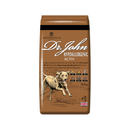 White background with an brown bag of Dr.John Hypoallergenic ACTIV dry food. Pictured on the bag is an illustrated Labrador dog in a farm field. 