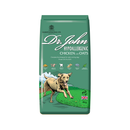White background with an green bag of Dr.John Hypoallergenic Chicken and Oats dry food. Pictured on the bag is an illustrated Labrador dog in a farm field. 