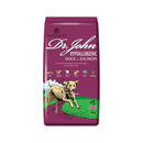 White background with an purple bag of Dr.John Hypoallergenic Duck and Salmon dry food. Pictured on the bag is an illustrated Labrador dog in a farm field. 