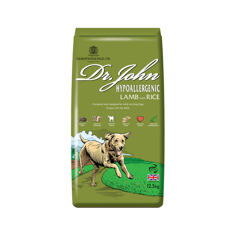 White background with an green bag of Dr.John Hypoallergenic Lamb and Rice dry food. Pictured on the bag is an illustrated Labrador dog in a farm field. 