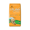 White background with an orange bag of Dr.John Puppy Chicken recipe dry food. Pictured on the bag is an illustrated Labrador puppy in a farm field. 