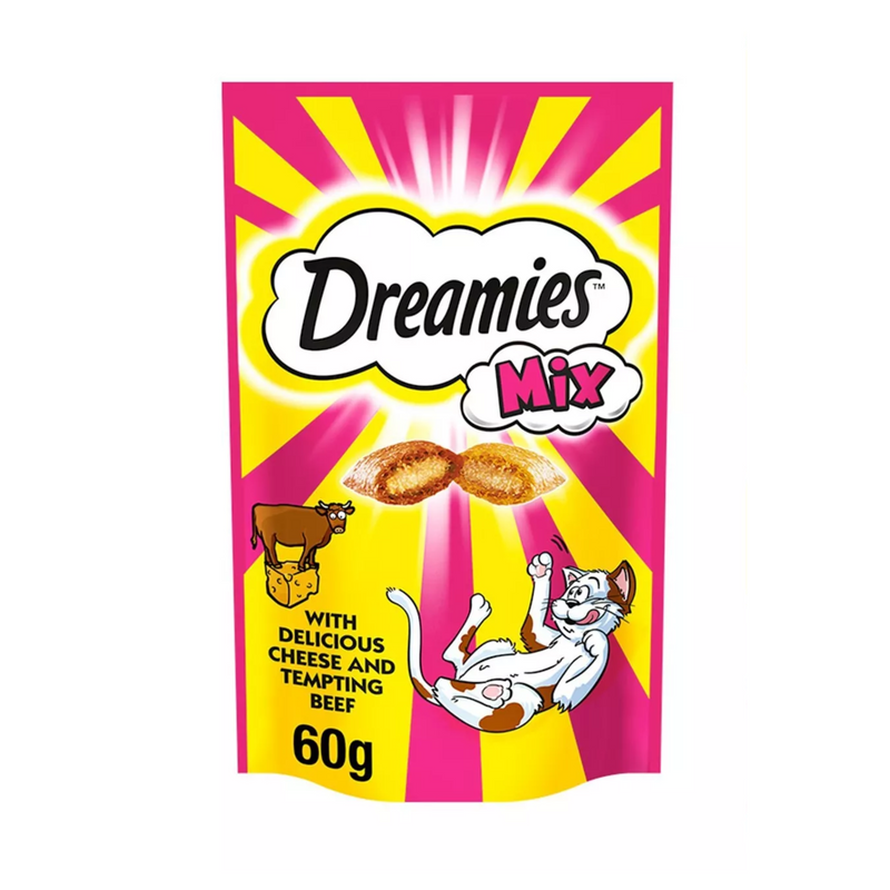 White background with a pink and yellow packet of Dreamies with Delicious cheese and Tempting Beef pictured. On the packet is an illustrated cartoon cat on it's back with an image of the treats above it and an illustrated fish. Text on the pack reads 'Dreamies, soft inside, crunchy outside, with Delicious cheese and Tempting Beef.' 