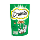 White background with a dark green packet of Dreamies with Irresistible Catnip pictured. On the packet is an illustrated cartoon cat on it's back with an image of the treats above it and an illustrated plant pot. Text on the pack reads 'Dreamies, soft inside, crunchy outside, with Irresistible Catnip.' 