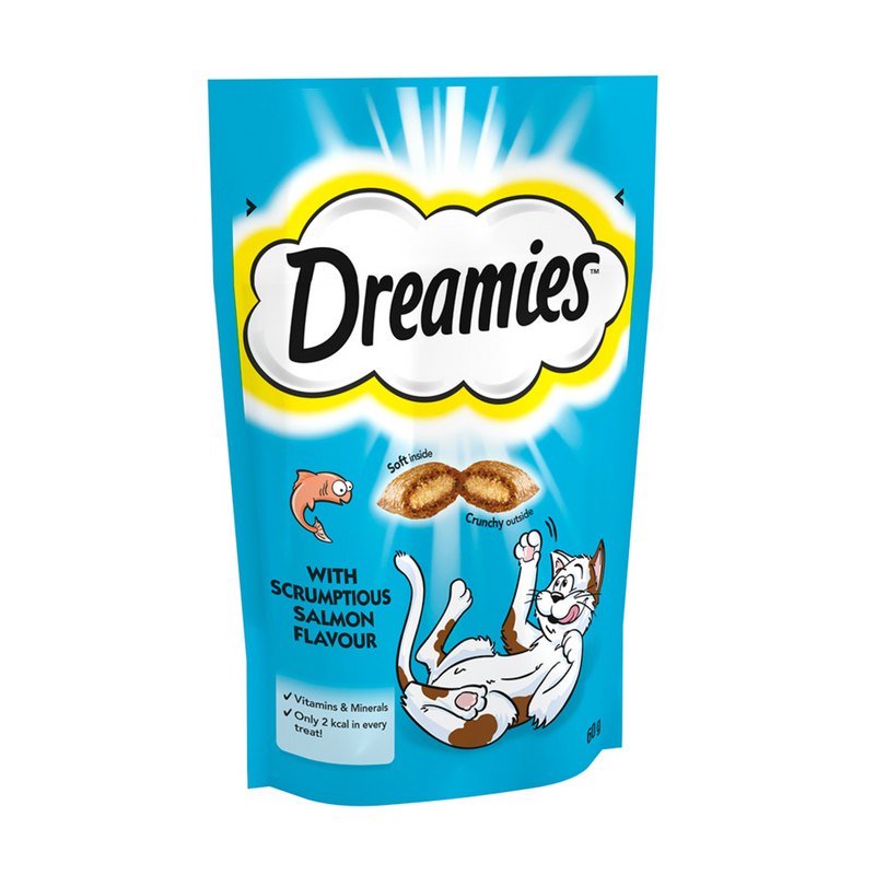 White background with a blue packet of Dreamies with Scrumptious Salmon pictured. On the packet is an illustrated cartoon cat on it's back with an image of the treats above it and an illustrated fish. Text on the pack reads 'Dreamies, soft inside, crunchy outside, with Scrumptious Salmon.' 