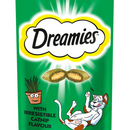 White background with a close up of a dark green packet of Dreamies with Irresistible Catnip pictured. On the packet is an illustrated cartoon cat on it's back with an image of the treats above it and an illustrated plant pot. Text on the pack reads 'Dreamies, soft inside, crunchy outside, with Irresistible Catnip.' 