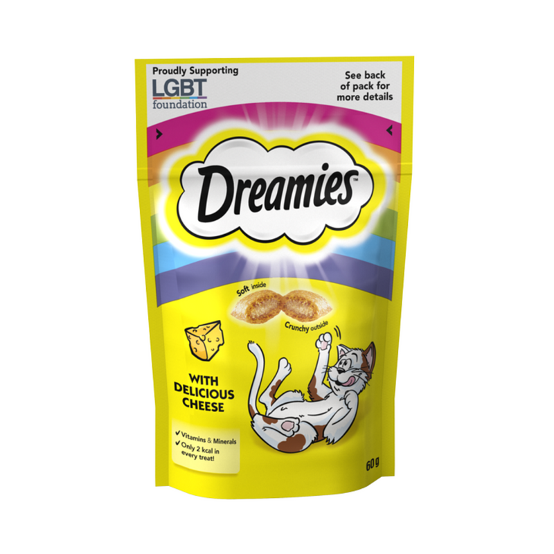 White background with a yellow packet of Dreamies with Delicious Cheese pictured. On the packet is an illustrated cartoon cat on it's back with an image of the treats above it and an illustrated piece of cheese. At the top of the packet is a rainbow, with text 'Proudly supporting LGBT Foundation' the other text on the pack reads 'Dreamies, soft inside, cruncy outside, with delicious cheese.' 