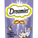 White background with a close up of a purple packet of Dreamies with Delectable Duck pictured. On the packet is an illustrated cartoon cat on it's back with an image of the treats above it and an illustrated duck. Text on the pack reads 'Dreamies, soft inside, crunchy outside, with Delectable Duck.' 