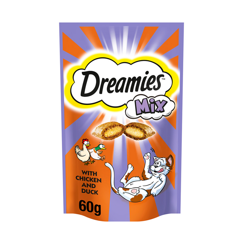 White background with a purple and orange packet of Dreamies with Chicken and Duck pictured. On the packet is an illustrated cartoon cat on it's back with an image of the treats above it and an illustrated chicken and duck. Text on the pack reads 'Dreamies, soft inside, crunchy outside, with Chicken and Duck.' 