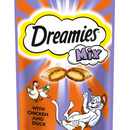 White background with a close up of a purple and orange packet of Dreamies with Chicken and Duck pictured. On the packet is an illustrated cartoon cat on it's back with an image of the treats above it and an illustrated chicken and duck. Text on the pack reads 'Dreamies, soft inside, crunchy outside, with Chicken and Duck.' 