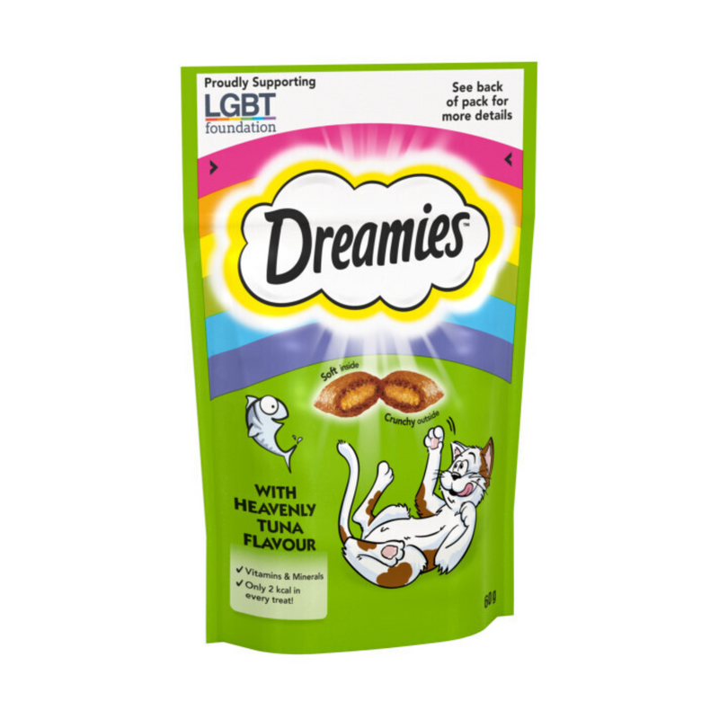 White background with a green packet of Dreamies with Heavenly Tuna pictured. On the packet is an illustrated cartoon cat on it's back with an image of the treats above it and an illustrated fish. At the top of the packet is a rainbow, with text 'Proudly supporting LGBT Foundation' the other text on the pack reads 'Dreamies, soft inside, cruncy outside, with Heavenly Tuna.' 
