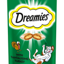 White background with a close up of a dark green packet of Dreamies with Tantalising Turkey pictured. On the packet is an illustrated cartoon cat on it's back with an image of the treats above it and an illustrated Turkey. Text on the pack reads 'Dreamies, soft inside, crunchy outside, with Tantalising Turkey.' 