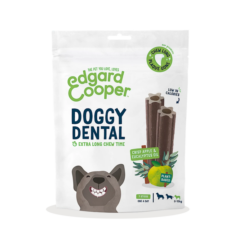 White background with a packet of Edgard & Cooper Doggy Dental Sticks pictured. On the packet is an illustrated French Bulldog with a teethy grin. Text on the pack reads, 'Edgard & Cooper, Doggy Dental, Extra Long Chew Time' with a picture of a stick treat to the right, text next to it reads 'Crisp Apple & Eucalyptus Oil. Plant based.'  