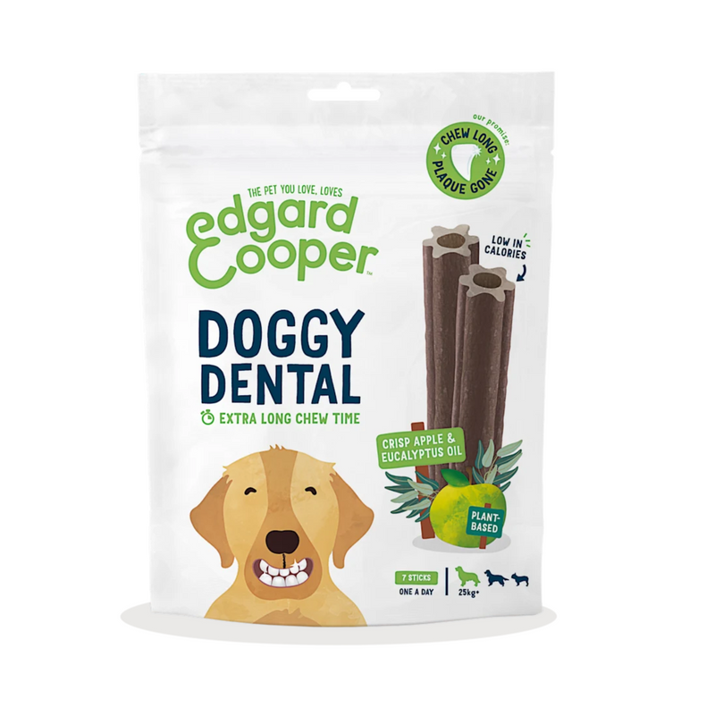 White background with a packet of Edgard & Cooper Doggy Dental Sticks pictured. On the packet is an illustrated Labrador with a teethy grin. Text on the pack reads, 'Edgard & Cooper, Doggy Dental, Extra Long Chew Time' with a picture of a stick treat to the right, text next to it reads 'Crisp Apple & Eucalyptus Oil. Plant based.'  