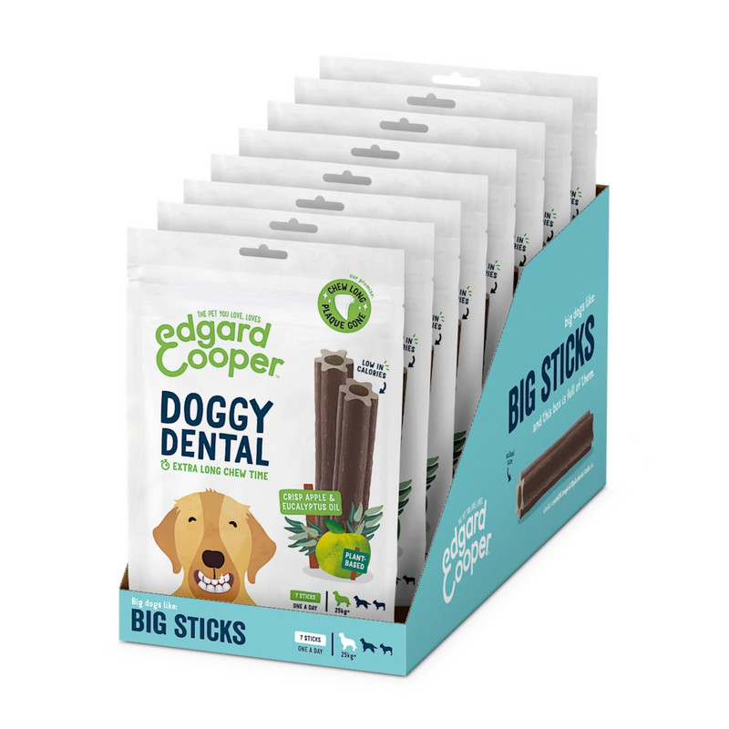 White background with a box of 8 packets of Edgard & Cooper Doggy Dental Sticks pictured. On the packet is an illustrated Labrador with a teethy grin. Text on the pack reads, 'Edgard & Cooper, Doggy Dental, Extra Long Chew Time' with a picture of a stick treat to the right, text next to it reads 'Crisp Apple & Eucalyptus Oil. Plant based.'  