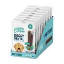 White background with a box of 8 packets of Edgard & Cooper Doggy Dental Sticks pictured. On the packet is an illustrated Labrador with a teethy grin. Text on the pack reads, 'Edgard & Cooper, Doggy Dental, Extra Long Chew Time' with a picture of a stick treat to the right, text next to it reads 'Cool Mint Oil & Strawberry. Plant based.'  