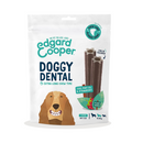 White background with a packet of Edgard & Cooper Doggy Dental Sticks pictured. On the packet is an illustrated Spaniel with a teethy grin. Text on the pack reads, 'Edgard & Cooper, Doggy Dental, Extra Long Chew Time' with a picture of a stick treat to the right, text next to it reads 'Cool Mint Oil & Strawberry. Plant based.'  
