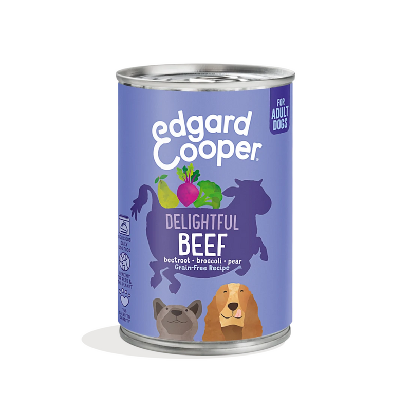 White background with a can of Edgard and Cooper wet puppy food pictured. Text on the foil of the tray says 'Delightful Beef, beetroot, broccoli, pear. Grain-free recipe' 