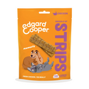 White background with an orange packet of Edgard & Cooper Chicken Strips pictured. On the packet is an illustrated French Bulldog and Cocker Spaniel. Text on the pack reads, 'Edgard & Cooper, Strips, Fresh Chicken, Yes Really' with a picture of a stick treat above the dogs, text next to it reads 'Mmmeaty'. 