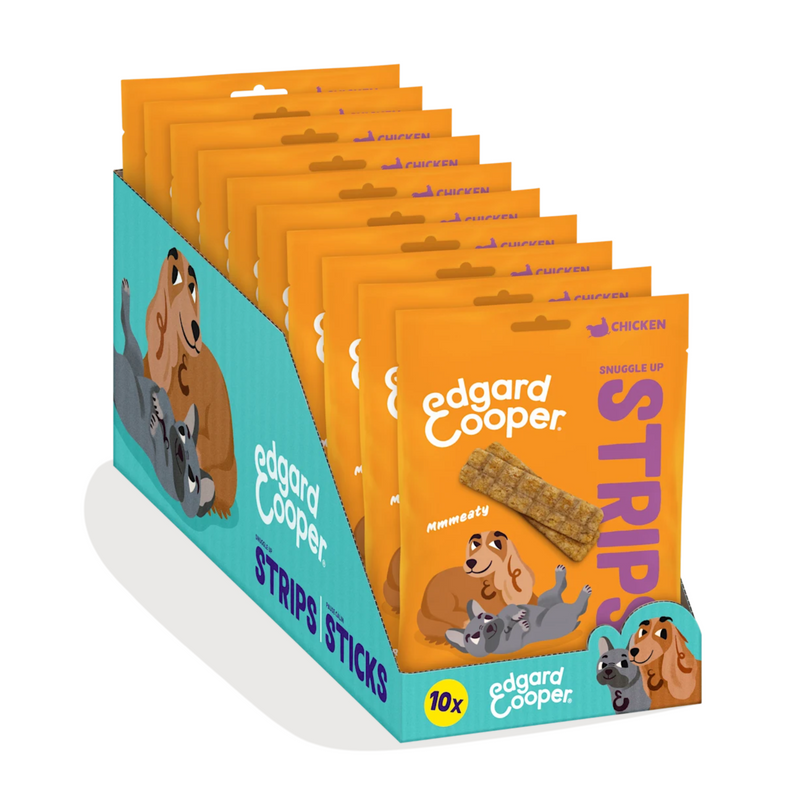 White background with box of 10 orange packets of Edgard & Cooper Chicken Strips pictured. On the packet is an illustrated French Bulldog and Cocker Spaniel. Text on the pack reads, 'Edgard & Cooper, Strips, Fresh Chicken' with a picture of a stick treat above the dogs, text next to it reads 'Mmmeaty'. 