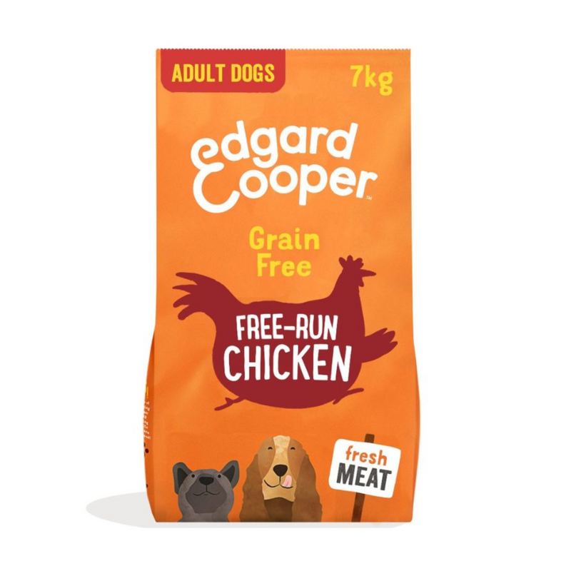 White background with an orange bag of Edgard & Cooper Adult Dog Dry Food Chicken pictured. On the packet is an illustrated French Bulldog and Cocker Spaniel. Text on the pack reads, 'Edgard & Cooper.' A silhouette of a chicken has text inside 'Fresh Chicken' and 'Grain Free' above. 