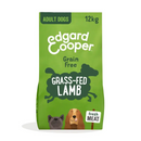 White background with an green bag of Edgard & Cooper Adult Dog Dry Food Lamb pictured. On the packet is an illustrated French Bulldog and Cocker Spaniel. Text on the pack reads, 'Edgard & Cooper.' A silhouette of a sheep has text inside 'Fresh Lamb' and 'Grain Free' above. 