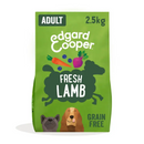 White background with an green bag of Edgard & Cooper Adult Dog Dry Food Lamb pictured. On the packet is an illustrated French Bulldog and Cocker Spaniel. Text on the pack reads, 'Edgard & Cooper.' A silhouette of a sheep has text inside 'Fresh Lamb' and 'Grain Free' below. 