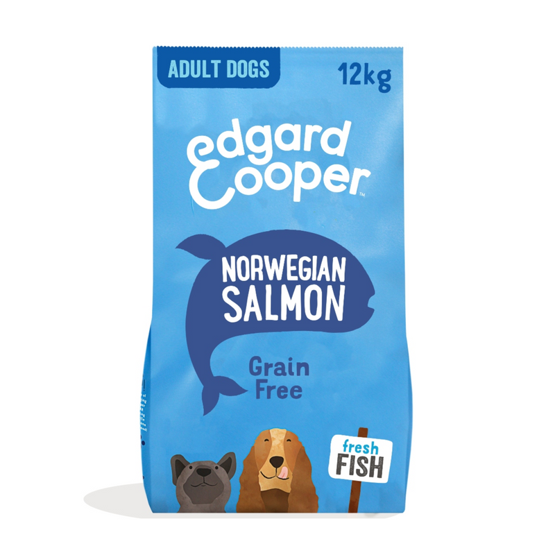 White background with an blue bag of Edgard & Cooper Adult Dog Dry Food Salmon pictured. On the packet is an illustrated French Bulldog and Cocker Spaniel. Text on the pack reads, 'Edgard & Cooper.' A silhouette of a fish has text inside 'Fresh Salmon' and 'Grain Free' above. 