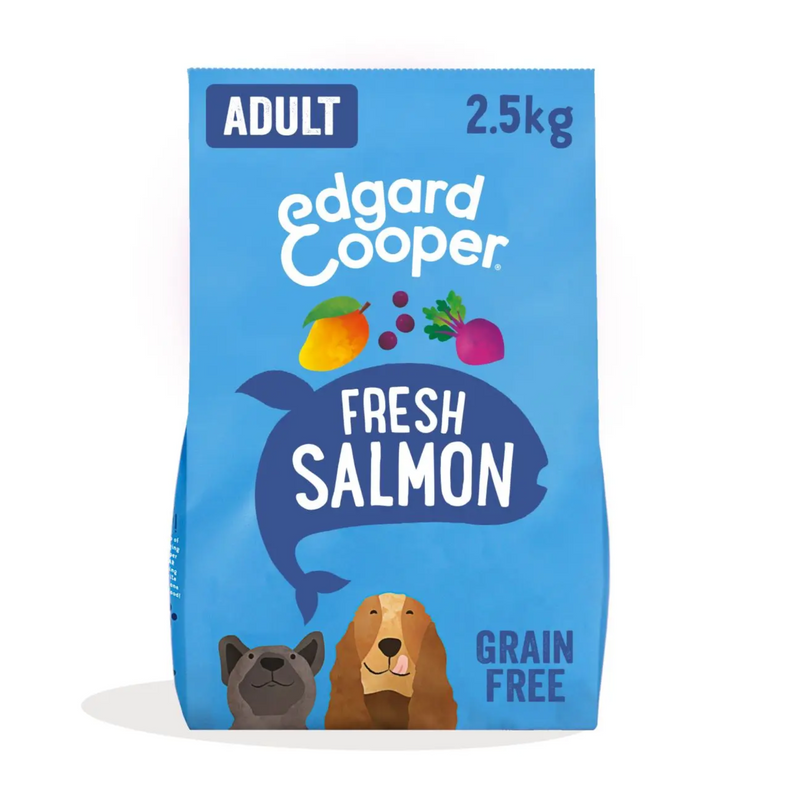 White background with an blue bag of Edgard & Cooper Adult Dog Dry Food Salmon pictured. On the packet is an illustrated French Bulldog and Cocker Spaniel. Text on the pack reads, 'Edgard & Cooper.' A silhouette of a fish has text inside 'Fresh Salmon' and 'Grain Free' below. 