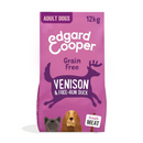 White background with a purple bag of Edgard & Cooper Adult Dog Dry Food Venison and Duck pictured. On the packet is an illustrated French Bulldog and Cocker Spaniel. Text on the pack reads, 'Edgard & Cooper.' A silhouette of a deer has text inside 'Fresh Venison & Duck' and 'Grain Free' above. 